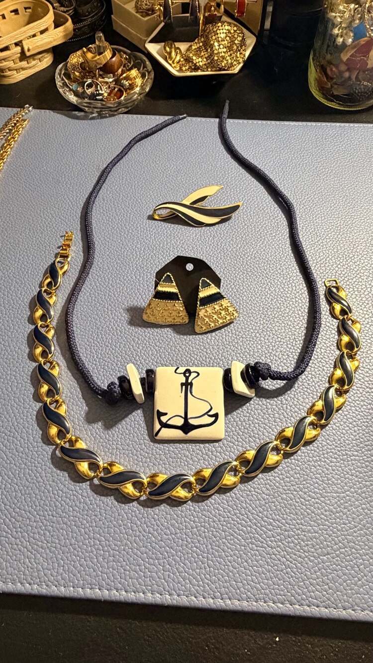 Vintage Nautical Jewelry Set: Anchor Necklace, Enamel Link Bracelet, Earrings, a